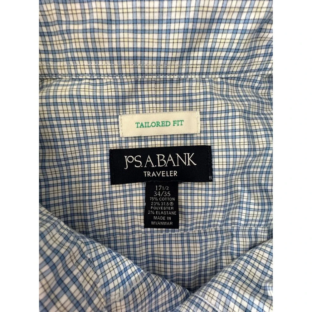 Jos. A. Bank Traveler Tailored Fit Blue Plaid Button Down Shirt 17.5 34/35